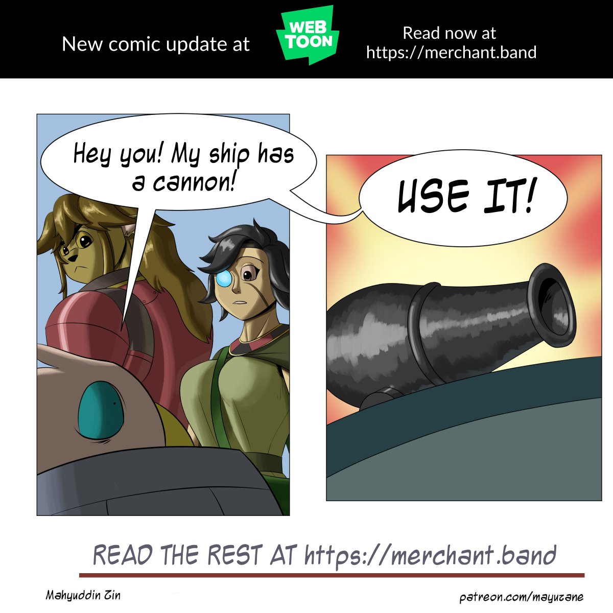 My fantasy adventure webcomic Merchant Band has updated!

CANNON TIME

Read it here:
 webtoons.com/en/canvas/merc… #WEBTOON