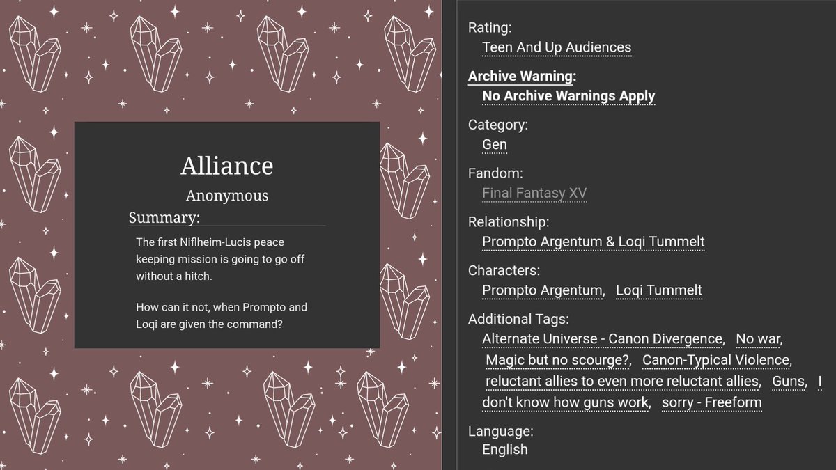 🎊2023 FFXV Remix Spotlight 🎊

~Alliance~  Inspired by art from <a href="/orc_happy/">Happy Orc</a>.  

You can check it out here:   archiveofourown.org/collections/ff…

Remix creators will be revealed on November 17, so stay tuned!