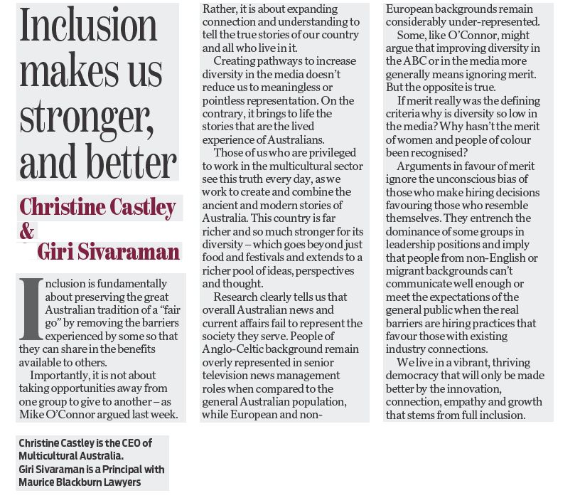 Multicultural Australia (@ma_queensland) on Twitter photo MA CEO Christine Castley and Board Chair Giri Sivaraman have responded to the recent opinion piece by Mike O’Connor regarding the ABC hiring process.
Read the joint statement published in the <a href="/couriermail/">The Courier-Mail</a> Mail today.
bit.ly/3QV8clK MA CEO Christine Castley and Board Chair Giri Sivaraman have responded to the recent opinion piece by Mike O’Connor regarding the ABC hiring process.
Read the joint statement published in the <a href="/couriermail/">The Courier-Mail</a> Mail today.
bit.ly/3QV8clK