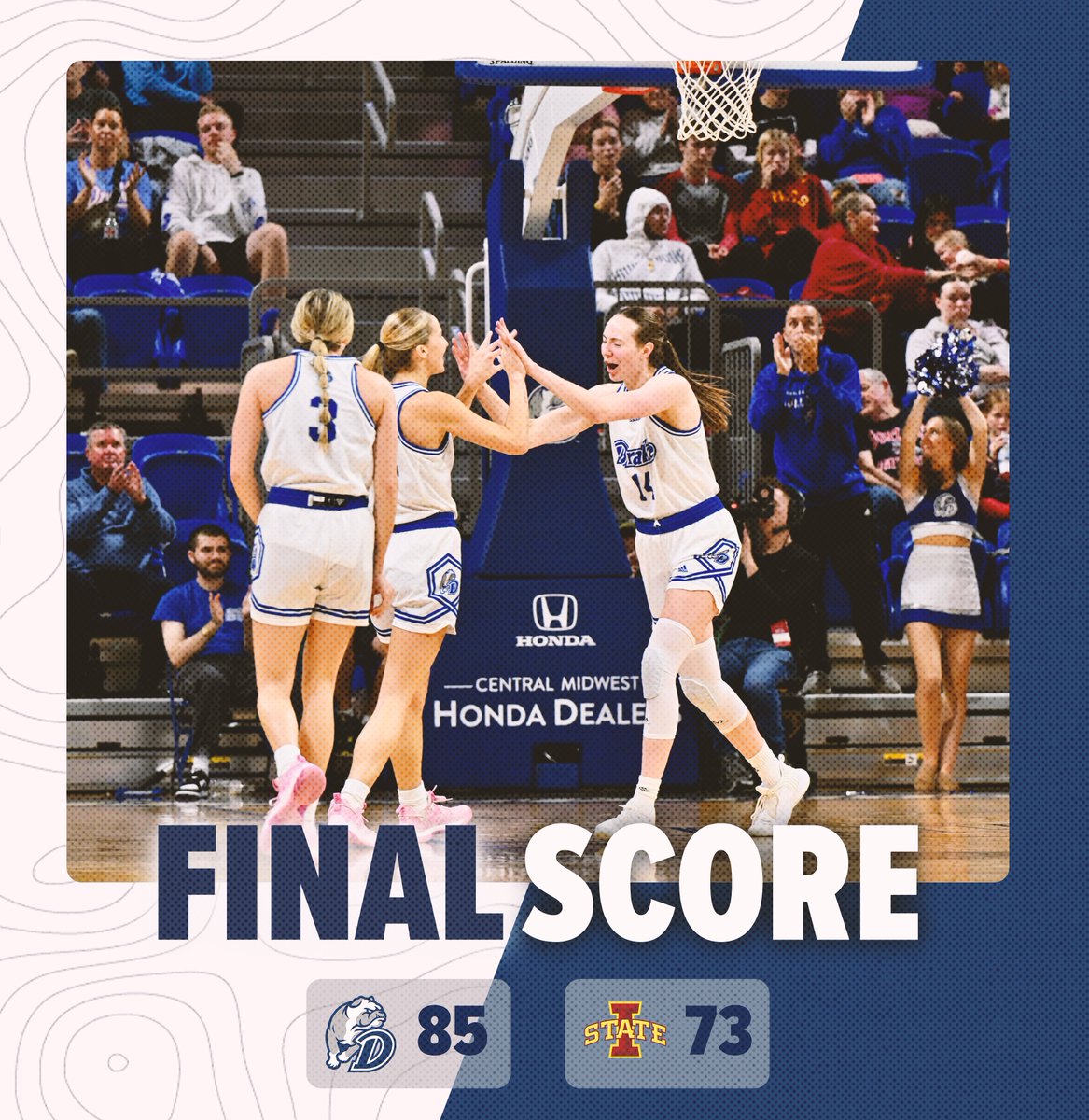 𝐁𝐔𝐋𝐋𝐃𝐎𝐆𝐒 𝐖𝐈𝐍

McAulay | 27 pts (career high), 3 ast, 2 reb
Berg | 22 pts, 5 reb, 3 ast, 2 blk
Dinnebier | 20 pts, 7 ast, 6 stl, 3 reb
Becker | 10 pts, 7 reb, 2 stl

#BeBlue | #DSMHometownTeam