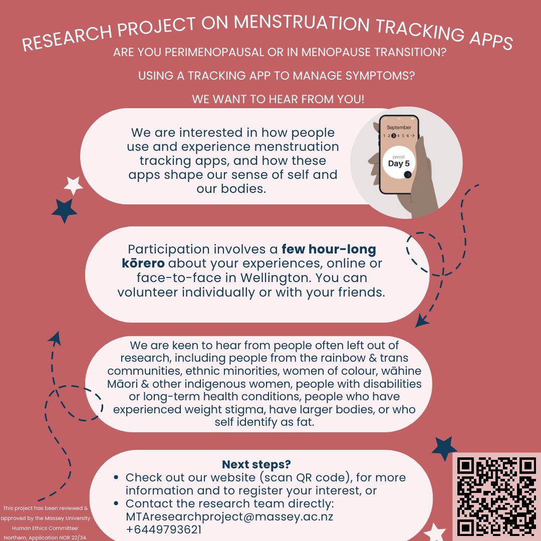 Menstruation Tracking Apps, Bodies & Identities (@trackingbodies) on Twitter photo Call for research participants in Aotearoa New Zealand who use a menstruation tracking app and are experiencing perimenopause!
<a href="/TrackingBodies/">Menstruation Tracking Apps, Bodies & Identities</a>
Visit our project website for more info: sites.google.com/view/mtas-digi…
Join the kōrero! #menstruation #trackingapps #perimenopause Call for research participants in Aotearoa New Zealand who use a menstruation tracking app and are experiencing perimenopause!
<a href="/TrackingBodies/">Menstruation Tracking Apps, Bodies & Identities</a>
Visit our project website for more info: sites.google.com/view/mtas-digi…
Join the kōrero! #menstruation #trackingapps #perimenopause