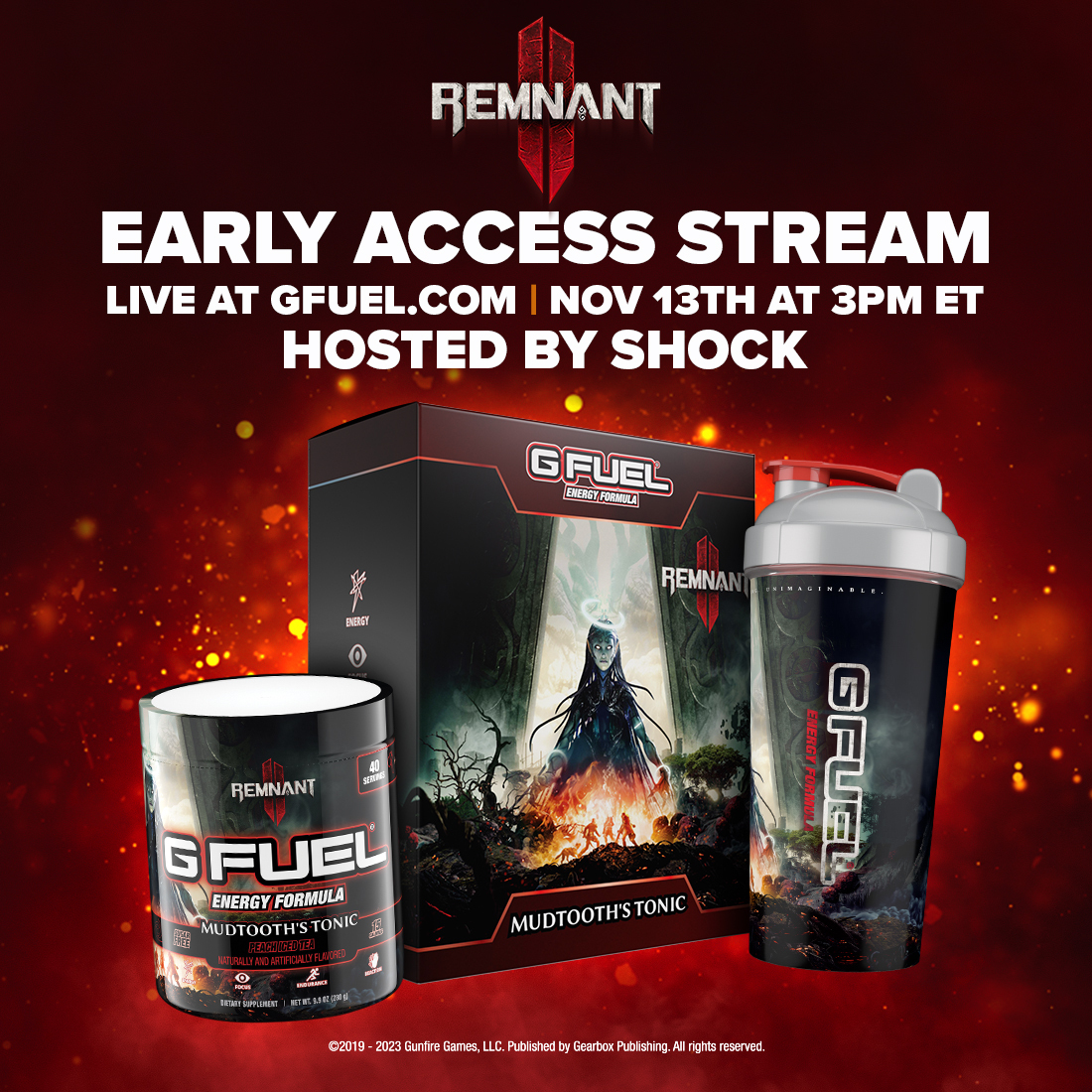 🚨 Peep the deets and come join us tomorrow for an ACTION-PACKED <a href="/Remnant_Game/">Remnant 2</a> x #GFUEL EARLY ACCESS EVENT! Hosted by, <a href="/ES_FTW/">Shock! 🥭🍋</a>! 

❤️ 𝗥𝗧 to win a #Remnant2 Tub! 2 winners picked tomorrow!

⏰ 𝗪𝗛𝗘𝗡: Nov 13th! 3pm ET!
🖥️ 𝗪𝗛𝗘𝗥𝗘: GFUEL.ly/live