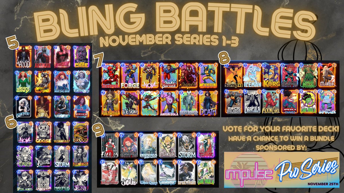 🎉 #MarvelSnap Bundle Sponsored Giveaway!

To enter:
1⃣ Follow <a href="/Impulse_fl/">Impulse Entertainment</a>, <a href="/AmandaPartee/">APartee</a> &amp; <a href="/juno2tres/">Juno</a> on X
2⃣Like, RT &amp; Tag a #MarvelSnap pal here!
3⃣Tell us the deck # you'd give the most 🤩 to

Deadline: 11/18 13:00 PST
Winner chosen same day LIVE on #BlingBattles stream!