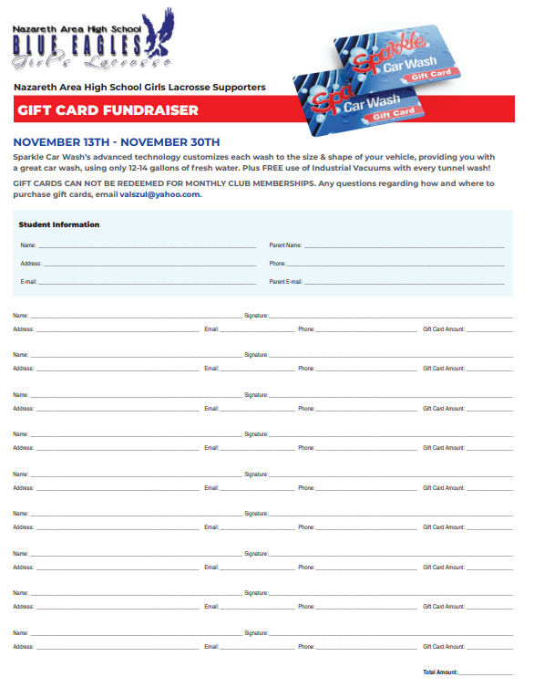 Tomorrow the NAHSGLAX team will begin a Sparkle Car Wash gift card fundraiser! These gift cards make great gifts or even stocking stuffers. You can purchase gift cards for $20, $25, or $50. 🥍💙🤍