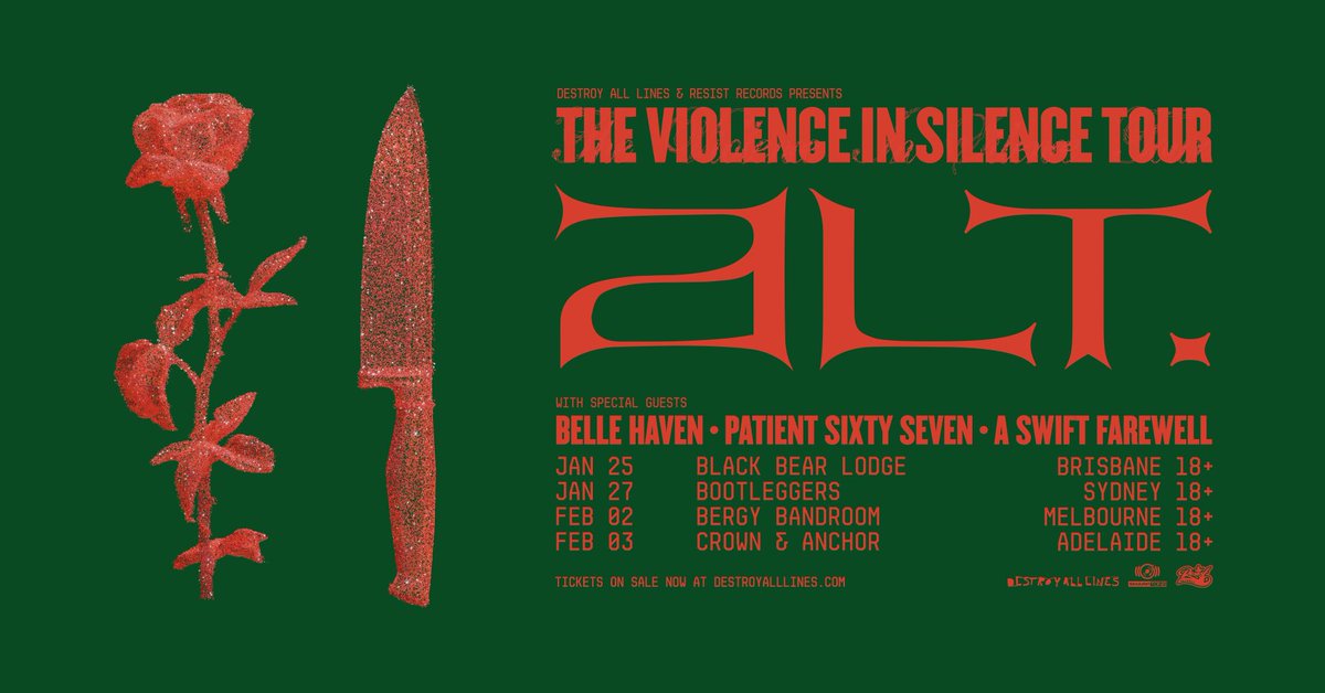 Resist Records (@resistrecords) on Twitter photo .<a href="/altband_/">𝗮𝗹𝘁.</a> will be touring throughout January and February on 'The Violence In Silence' tour with special guests <a href="/bellehavenband/">Belle Haven</a>, <a href="/Patient67band/">Patient Sixty-Seven</a> and <a href="/SwiftFarewellAU/">A Swift Farewell</a>
Tickets on sale now daltours.cc/ALT24 .<a href="/altband_/">𝗮𝗹𝘁.</a> will be touring throughout January and February on 'The Violence In Silence' tour with special guests <a href="/bellehavenband/">Belle Haven</a>, <a href="/Patient67band/">Patient Sixty-Seven</a> and <a href="/SwiftFarewellAU/">A Swift Farewell</a>
Tickets on sale now daltours.cc/ALT24