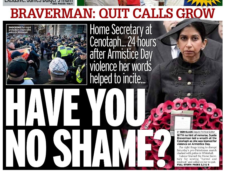 Braverman: Quit calls grow, as she appears at the Cenotaph 24 hours after Armistice Day violence she helped incite.

Braverman has no shame.

#ToriesOut493
#SunakOut383
#BravermanOut
#BravermanMustGo
#GeneralElectionNow