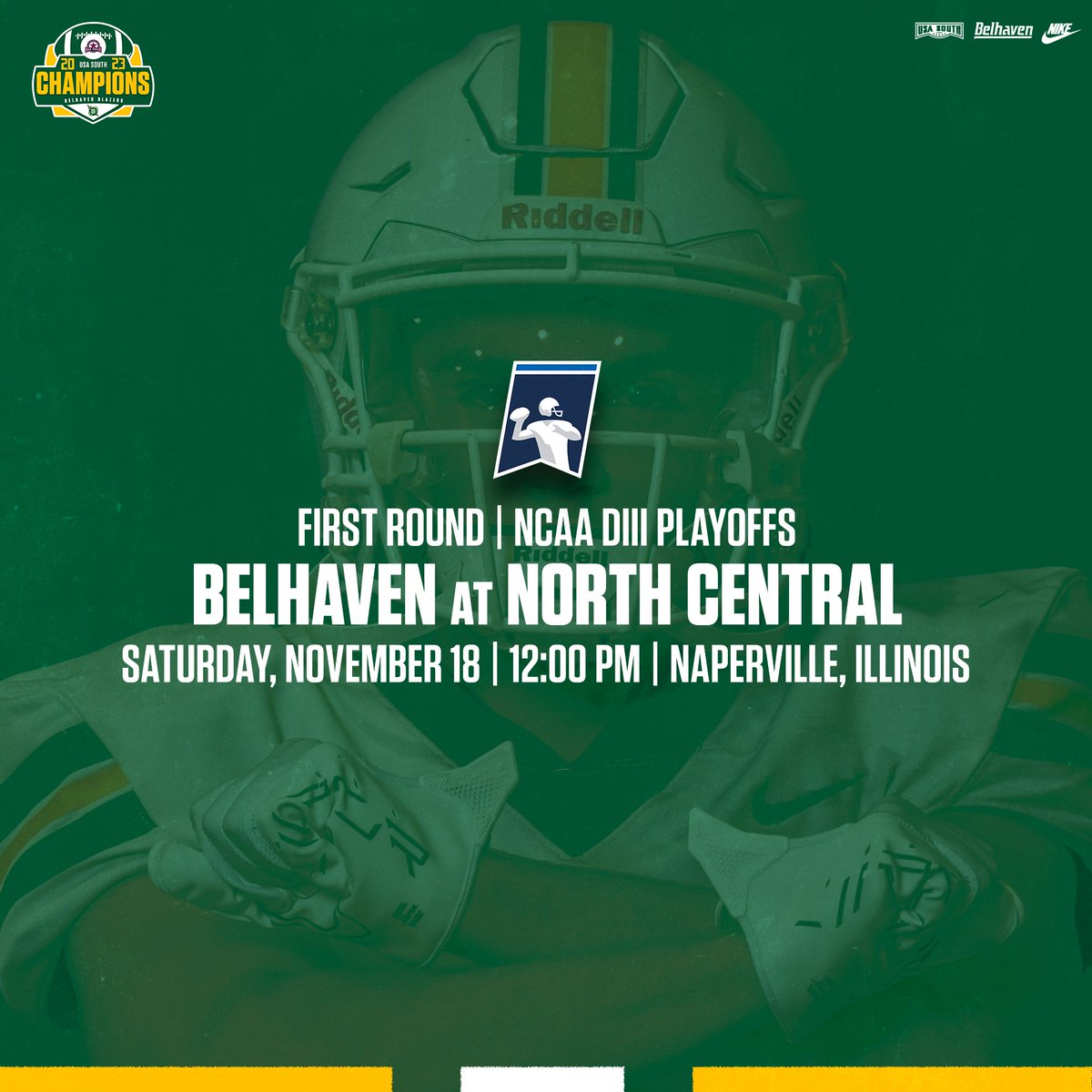 Belhaven Blazers (@belhavenblazers) on Twitter photo ๐๐๐ ๐๐๐๐๐ ๐๐ ๐๐๐
Belhaven will travel to Illinois to take on North Central this Saturday in the First Round of the NCAA DIII Playoffs
#GoGreen | <a href="/BelhavenFB/">Belhaven Football</a> ๐๐๐ ๐๐๐๐๐ ๐๐ ๐๐๐
Belhaven will travel to Illinois to take on North Central this Saturday in the First Round of the NCAA DIII Playoffs
#GoGreen | <a href="/BelhavenFB/">Belhaven Football</a>