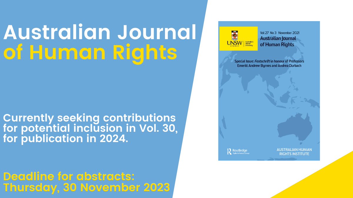 REMINDER - Submissions due 30 November 2023 for publication in Volume 30 in 2024.
<a href="/HumanRightsUNSW/">UNSW Australian Human Rights Institute</a>  <a href="/justine_nolan/">Justine Nolan</a> <a href="/higginsCM/">Claire Higgins</a> <a href="/4childrights/">Holly Doel-Mackaway</a> <a href="/RonliSifris/">Ronli Sifris</a> <a href="/drJoKy/">Joanna Kyriakakis</a> @cristyclark <a href="/Lana_Tatour/">Lana Tatour</a> <a href="/rvijeyarasa/">Ramona Vijeyarasa</a> <a href="/susanbanki/">susan banki</a> <a href="/dehmsa/">Sara Dehm</a> <a href="/DAWJoyce/">Daniel Joyce</a> <a href="/Alli_M_Henry/">Dr Allison Henry</a>