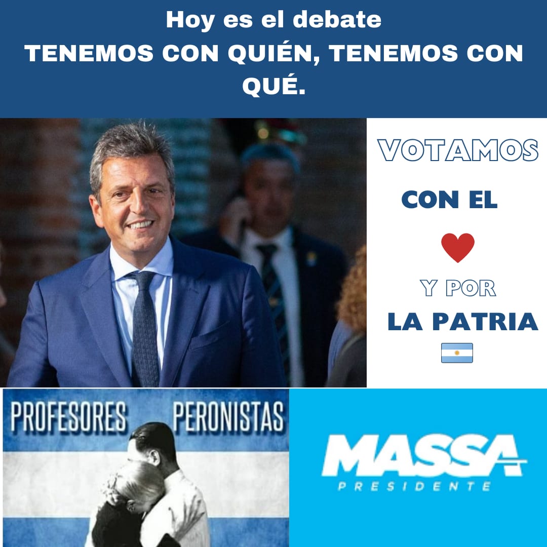 Profperonistas's tweet photo. Hoy en el debate se van a exponer los dos modelos de país: El de la Unión y la Democracia o el del odio.
Tod@s por la Patria🇦🇷❤️, tod@s con vos @sergiomassa.
👉🏻Sean eternos los laureles que supimos conseguir✌🏻.
@Kicillofok @AlbertoSileoni @pablourquizaok @Leot14 @ClaudiaBracchi1 https://t.co/PhhKZ9o3jT