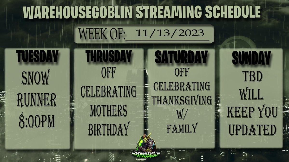 What's up! Finally! I was able to get a schedule setup for this coming week. LOL! Got a lot happening for the holidays so I won't be on much. I will be sure to keep you all up to date.