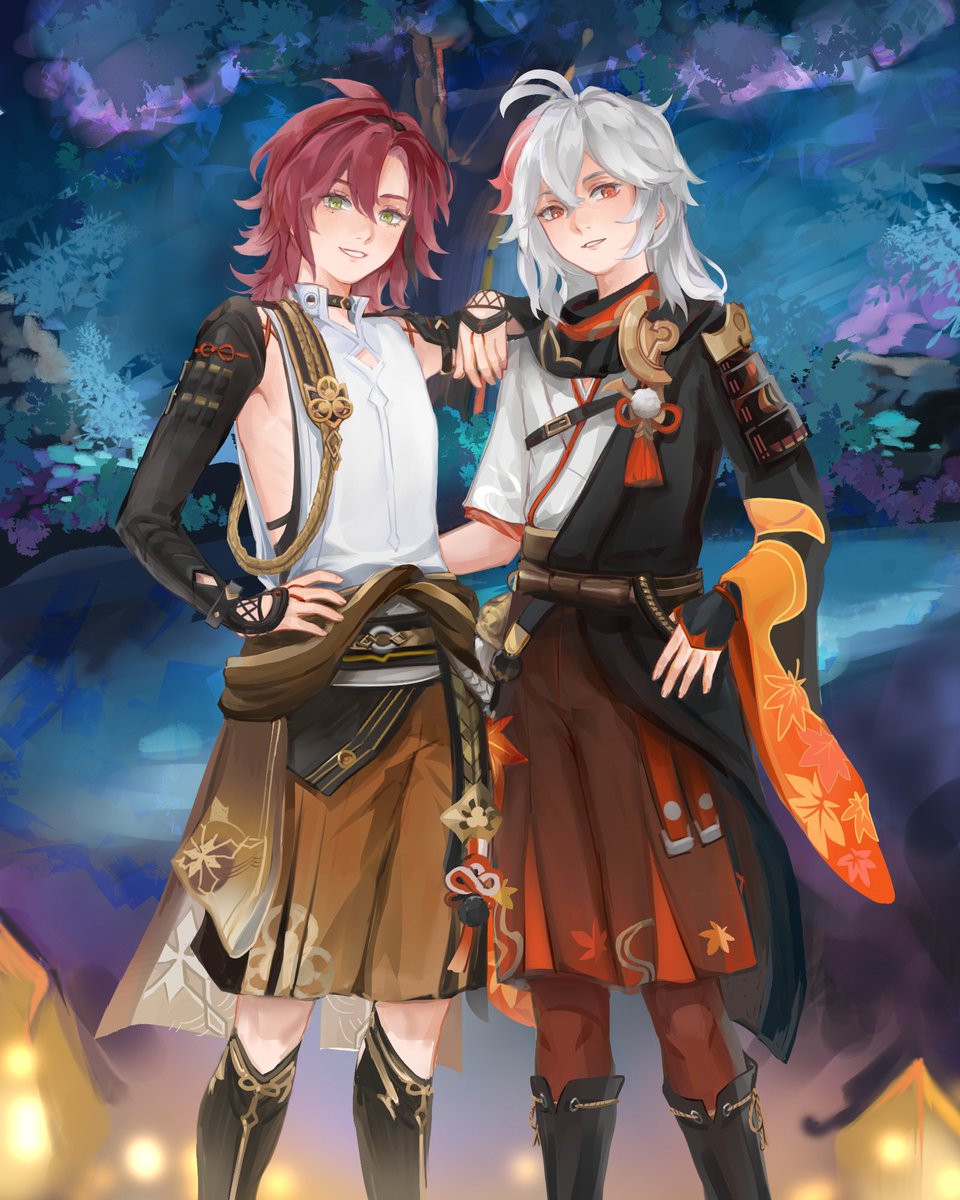 getoadd's tweet image. Don't their colour schemes go so well together? Autumn boys 🍁 #GenshinImpact #Kazuha #Heizou