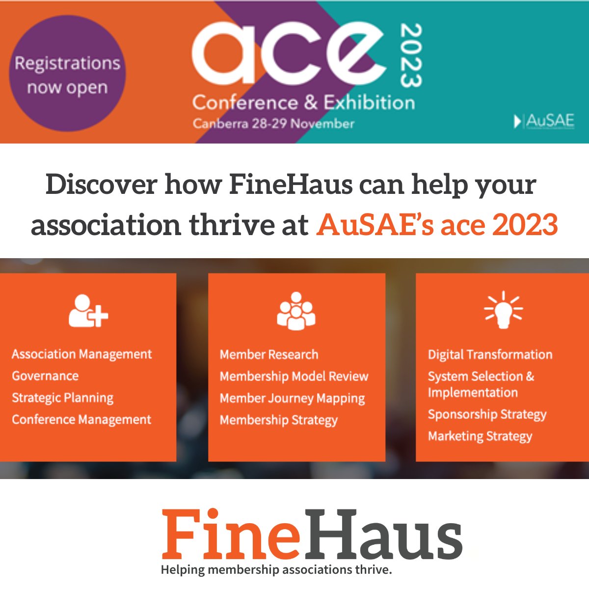 FineHaus is excited to be at the #AuSAE's #ACE2023 Conference and Exhibition on November 28-29 in Canberra.

Make sure you come and chat to us about your #membershipassociation !

ausae.org.au/ace

#membership #membershipmodel #membershipassociation
<a href="/AuSAENews/">AuSAE</a>