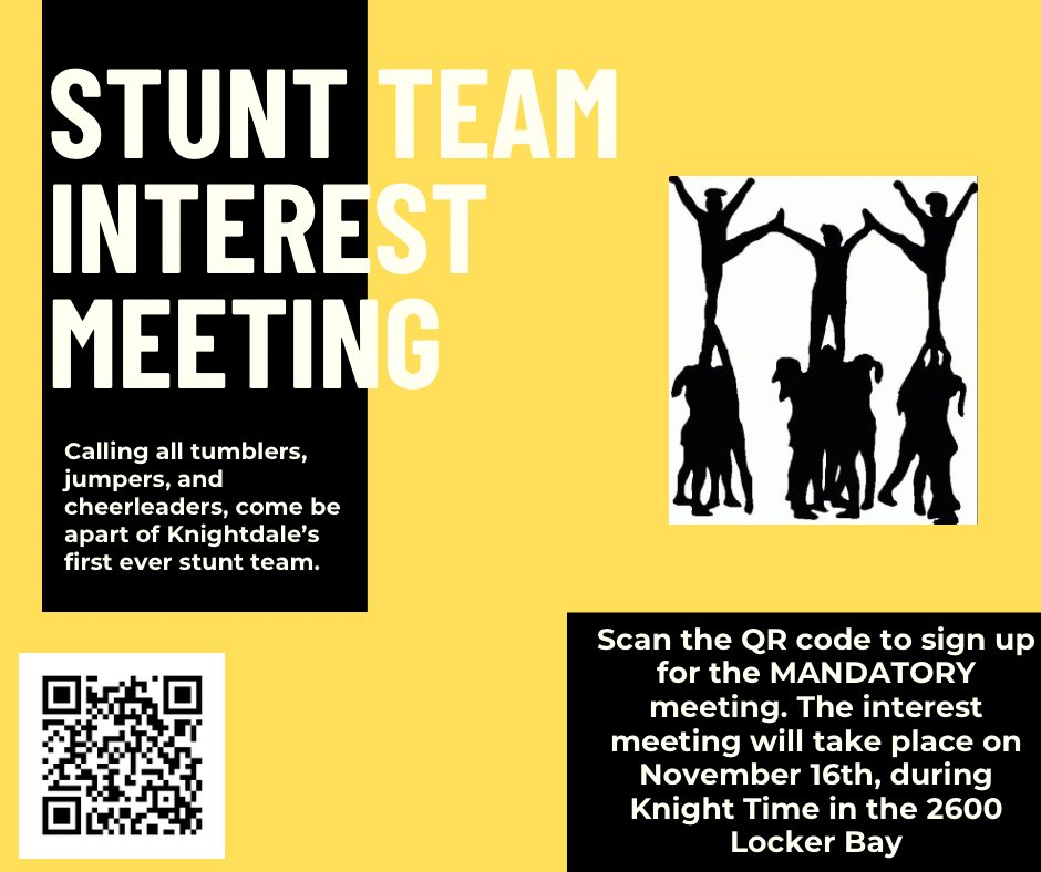 Ms. Johnson (@alexjohnson2020) on Twitter photo Last stunt team interest meeting happening this Thursday!!!! <a href="/KnightdaleHS/">Knightdale High</a> <a href="/SPORTSatKHS/">Knightdale HS Sports</a> Last stunt team interest meeting happening this Thursday!!!! <a href="/KnightdaleHS/">Knightdale High</a> <a href="/SPORTSatKHS/">Knightdale HS Sports</a>