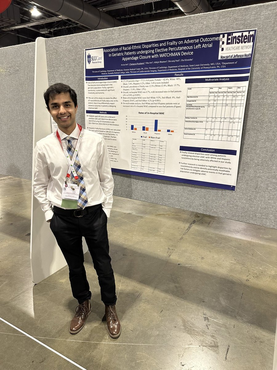 And that’s a wrap for day 2 at #AHA23! 💥When undergoing LAAC with Watchman, a hospital Fraility risk score (≥5) ⬆️ adverse events, hospital costs, and LOS
💥Frail Hispanic patients had ⬆️ events than other race/ethnicities

PS: Hey, @SLUCards look who we ran into today! ⚡️⚡️