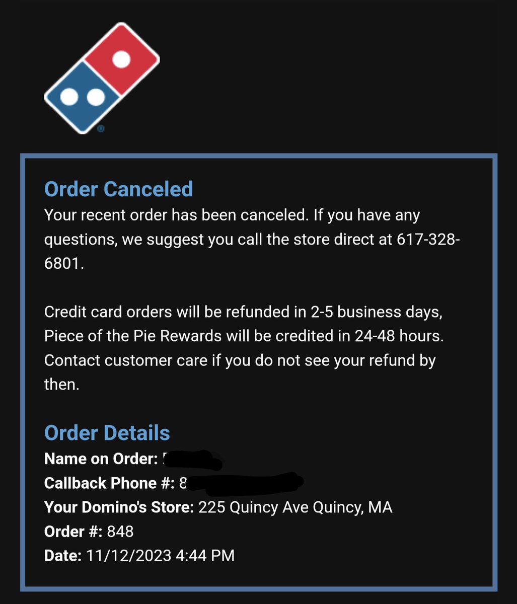 bsamurai's tweet photo. @dominos I redeemed my free emergency pizza. When I went to the store to pick it up, they cancelled my order in front of me and blamed Domino's corporate for cancelling it. They claimed all free pizzas were cancelled 2 days ago. https://t.co/sUvPGF4DoC