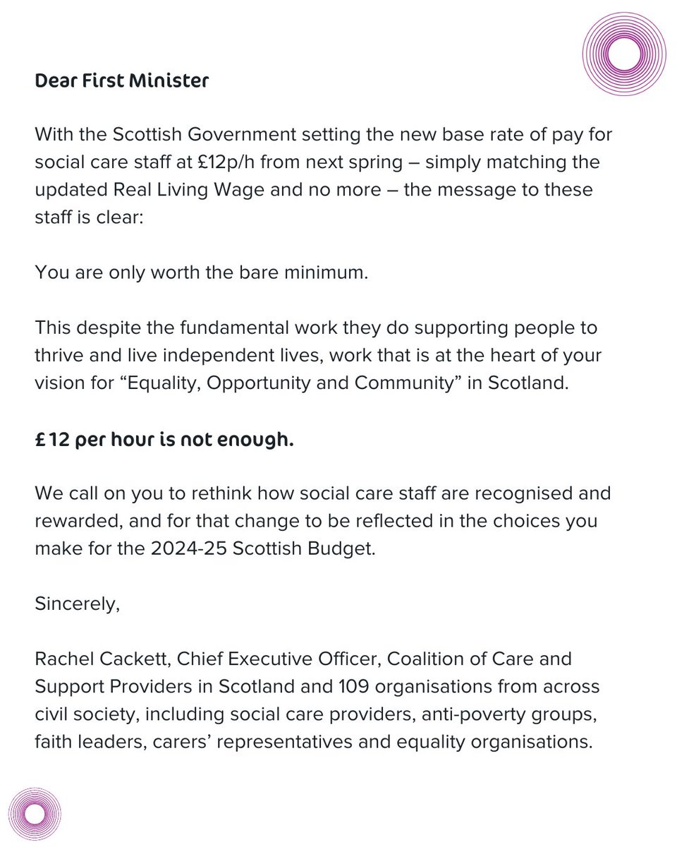 📢 £12 per hour is not enough. 109 organisations have signed our letter to @ScotGovFM calling on him to up pay for social care staff in the Budget. Press release: tinyurl.com/mr74fnh9 Letter👇 Please share if you support. @MathesonMichael @MareeToddMSP @ShonaRobison