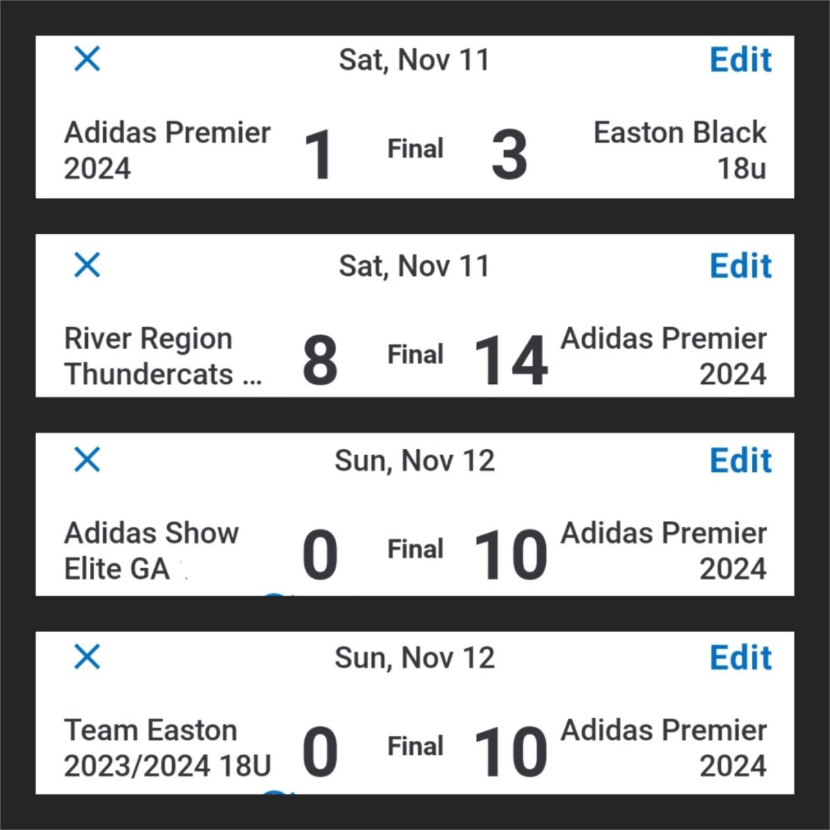 Adidas Premier 2024 (@adidaspremier) on Twitter photo Scout Town: 3-1 leaving 13 runners stranded in game 1. <a href="/lb_nesmith2025/">LB NeSmith</a> & <a href="/ewatson2024/">Ella Watson</a> no hitters🔥 Makinley led the batting w .727, Ella, <a href="/BaileaBoone/">Bailea Boone</a>, <a href="/AveryGoff2025/">Avery Goff</a> & @cassidybowers44 all hitting OVER .450💪 <a href="/YayaMcClain/">Olivia “Yaya” McClain</a> 🔒'ed 1st w <a href="/lilydav18/">Lily Davenport</a> out sick. Next up <a href="/Tbolts5Star/">Tbolts Fivestar</a>⚡️ Scout Town: 3-1 leaving 13 runners stranded in game 1. <a href="/lb_nesmith2025/">LB NeSmith</a> & <a href="/ewatson2024/">Ella Watson</a> no hitters🔥 Makinley led the batting w .727, Ella, <a href="/BaileaBoone/">Bailea Boone</a>, <a href="/AveryGoff2025/">Avery Goff</a> & @cassidybowers44 all hitting OVER .450💪 <a href="/YayaMcClain/">Olivia “Yaya” McClain</a> 🔒'ed 1st w <a href="/lilydav18/">Lily Davenport</a> out sick. Next up <a href="/Tbolts5Star/">Tbolts Fivestar</a>⚡️