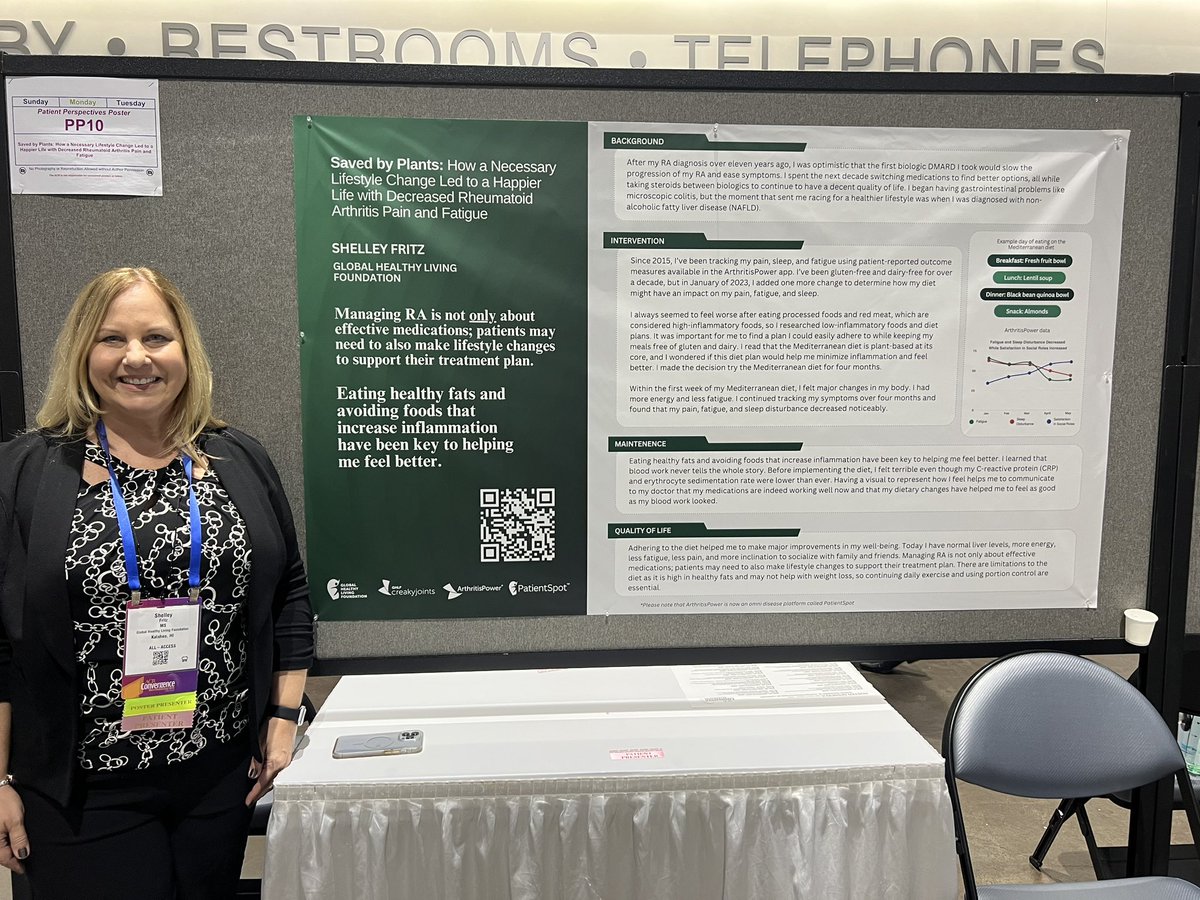 “Saved by plants” - @Dividivigirl from <a href="/CreakyJoints/">CreakyJoints.org</a> did a fantastic job showing his the Mediterranean diet has improved quality of life, from sleep to fatigue - well done and I love that you were inspired by the <a href="/ACRheum/">American College of Rheumatology</a> integrative guidelines!

#ACr23  #ACRAmbassador #ARPrheum