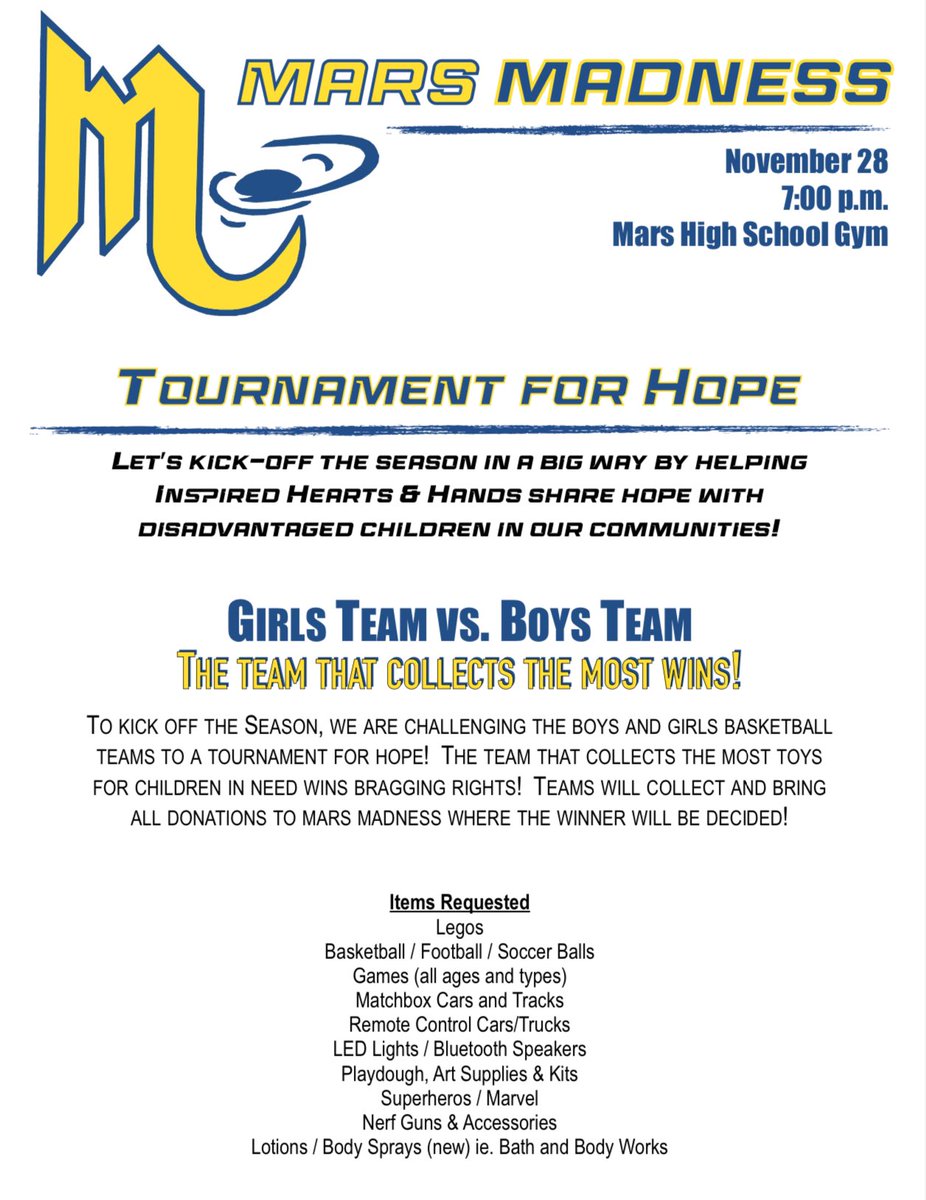 MarsHS_Hoops's tweet photo. 💙💛 SAVE THE DATE! 💛💙 

Mars Madness 🏀 is November 28th at 7pm!! 

-Free to public! 
-Meet the Boys and Girls Basketball Teams
-Meet the Cheerleaders and Dance Team
-Dunk Competition
-DJ/Entertainment for all ages
-Toy Drive!!

#Get_To #GoPlanets #MarsMadness https://t.co/kyNYEDVrvo