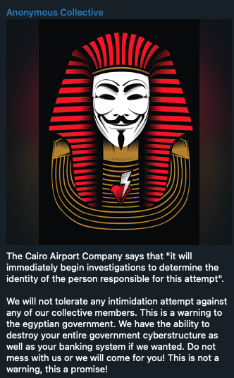 hackerthread's tweet image. 🚨🚨 Cairo Airport Hacked
Yesterday the Anonymous Collective announced around 9:55 EST that they were attacking the Cairo Airport. They announced at 10:30 am EST today that they were done with their attack on @AirportCairo. They brought down their online system, their email…
