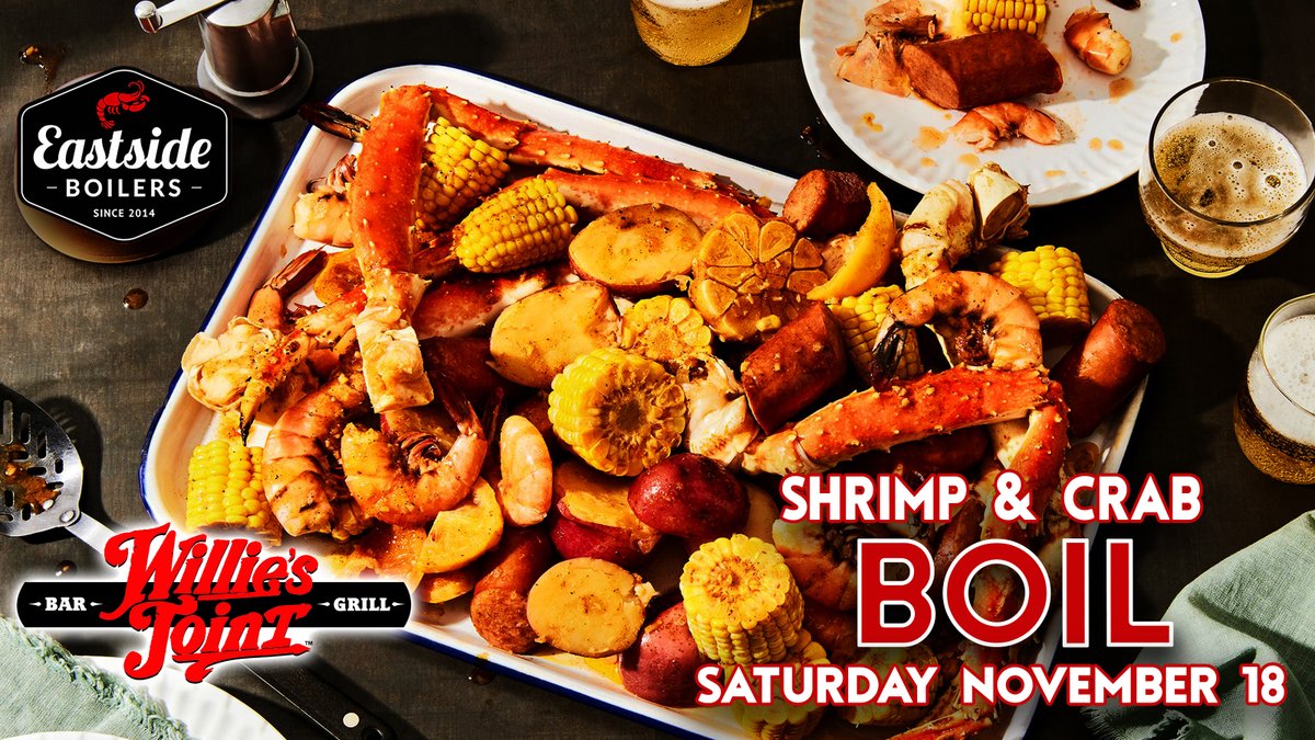 We can not wait to see everyone soon, but to hold you over you should check this out.

Willie's Joint &amp; Eastside Boilers are doing a shrimp and crab boil next Saturday.

2pm - 9pm.

Come hang out with us and watch some football with some amazing food.