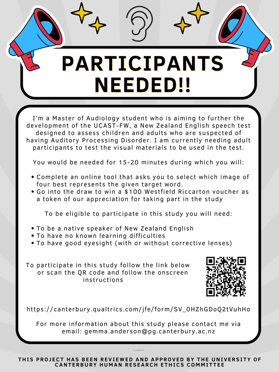 Kia ora Ōtautahi folks! Gemma would be grateful for a few more participants for this study helping develop a speech test for children. It's a 15 - 20-minute image selection task. You could win a $100 Westfield Riccarton voucher! Details below, link here: canterbury.qualtrics.com/jfe/form/SV_0H…