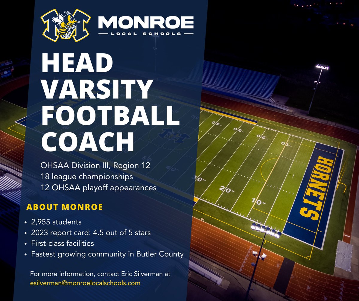 Monroe Local Schools is currently seeking a head varsity football coach. 🏈

Visit monroelocalschools.com or contact Athletic Director Eric Silverman at esilverman@monroelocalschools.com to learn more. #ThriveInTheHive