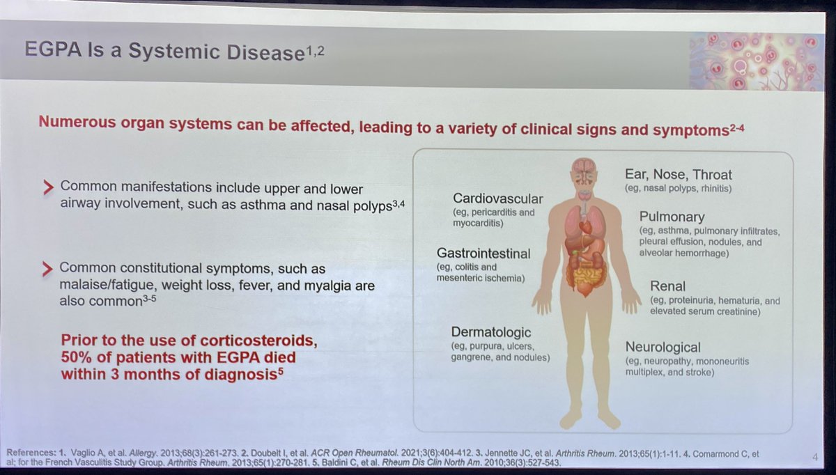 👉🏽Cardiovascular manifestations not to be overlooked in Eosinophilic Granulomatosis and Polyangitis : 

🔸40% of #EGPA will develop Cardiovascular manifestations.

#ACR23 

AM