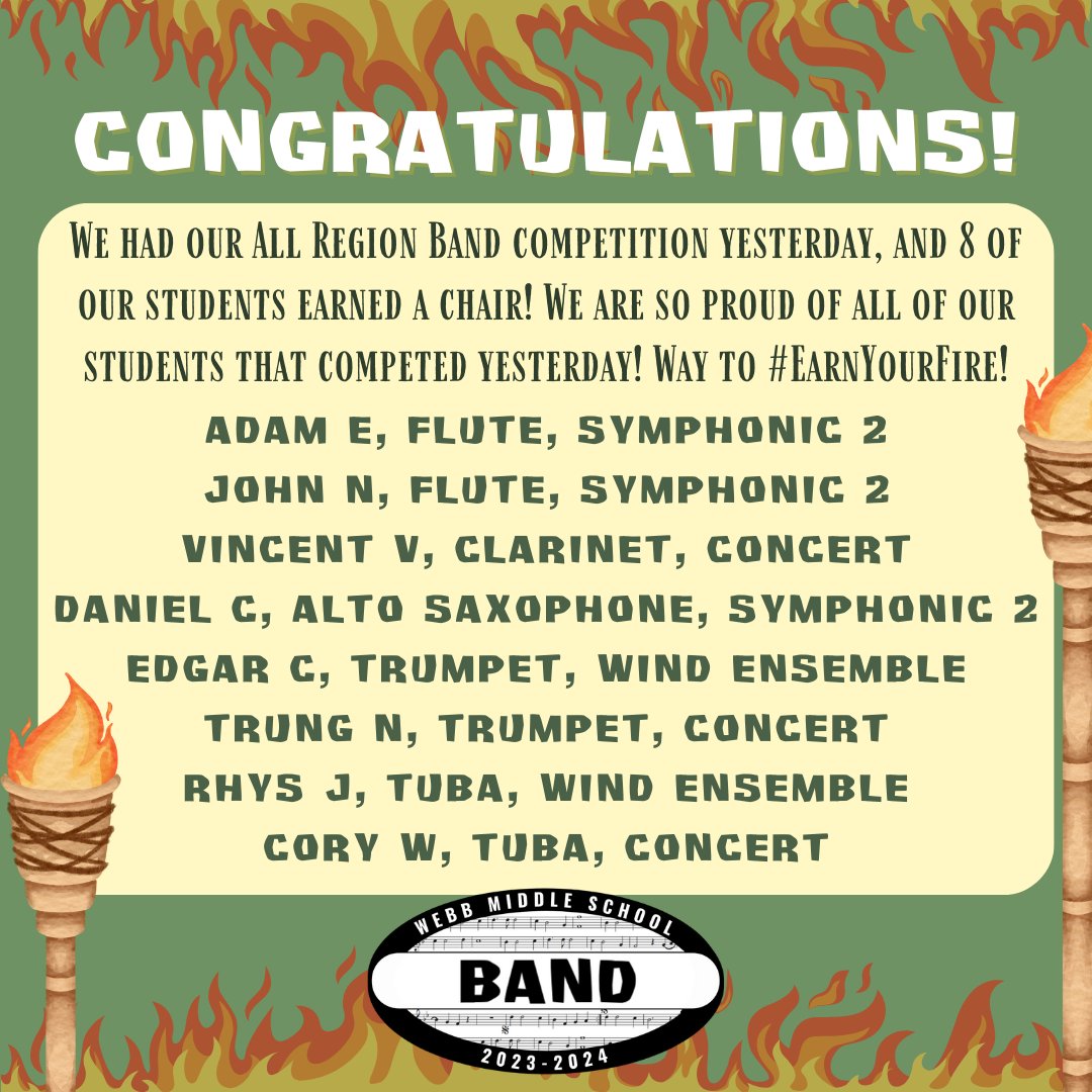 Yesterday the Webb Band students competed at the Region 3 MS All Region Band auditions. 8 of our students earned a chair in the Region Band!! We are SO proud of ALL of our students that auditioned! #WebbAllStars #EarnYourFire #TheGISDEffect