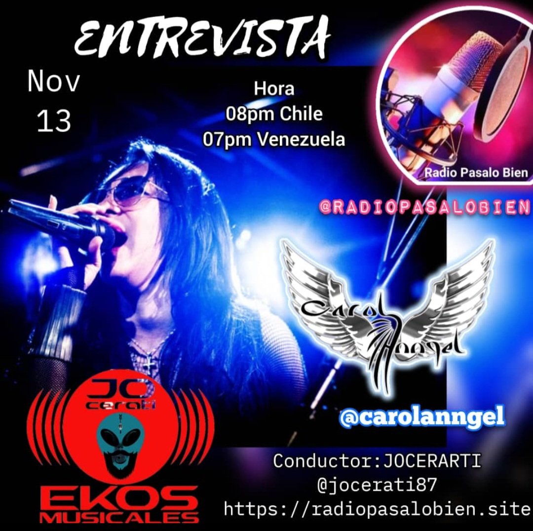 jocerati87's tweet image. Este Lunes 13 de noviembre estaremos charlando con la talentosa rockera @carolanngel @clubcarolanngel la voz del rock y el blues desde la hermosa Venezuela. 20 hrs Chile, 19 hrs Venezuela. Radiopasalobien.site @RadioPasaloBien escucharemos su música en #ekosmusicales