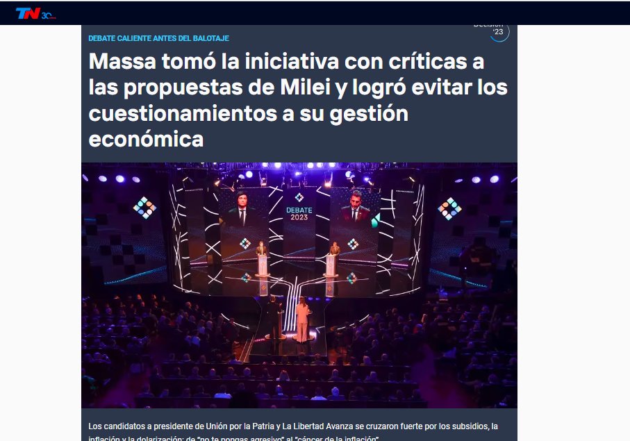 Las portadas de los cuatro principales sitios opositores de noticias (Clarín, La Nación, Infobae y TN).

Todos coinciden en que Massa ganó el debate.
