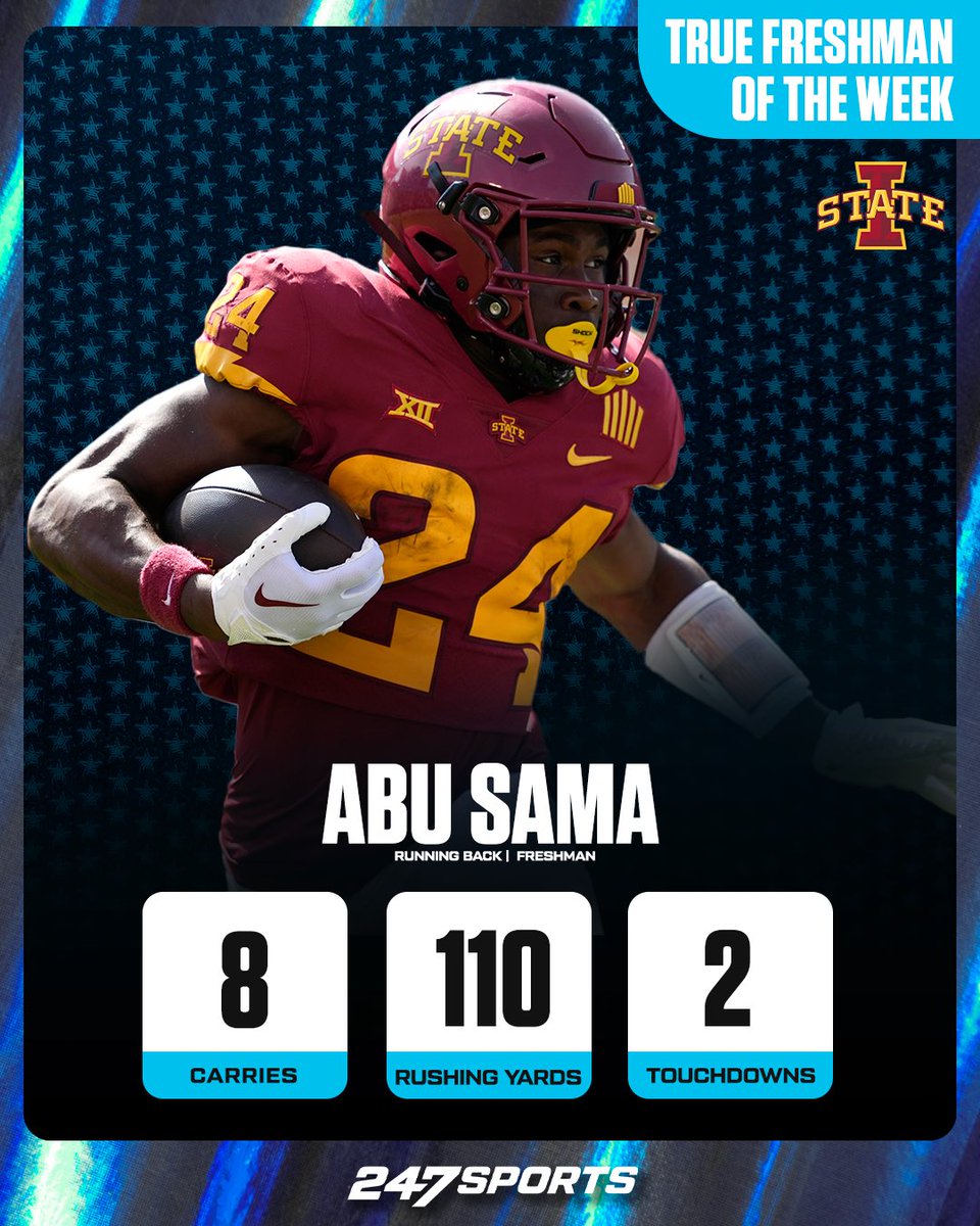 247Sports's tweet photo. Iowa State RB Abu Sama is the 247sports True Freshman of the Week. 🏈 @AB3_sama 

READ- https://t.co/IsLEzKwOBl https://t.co/lmmUysHF2V