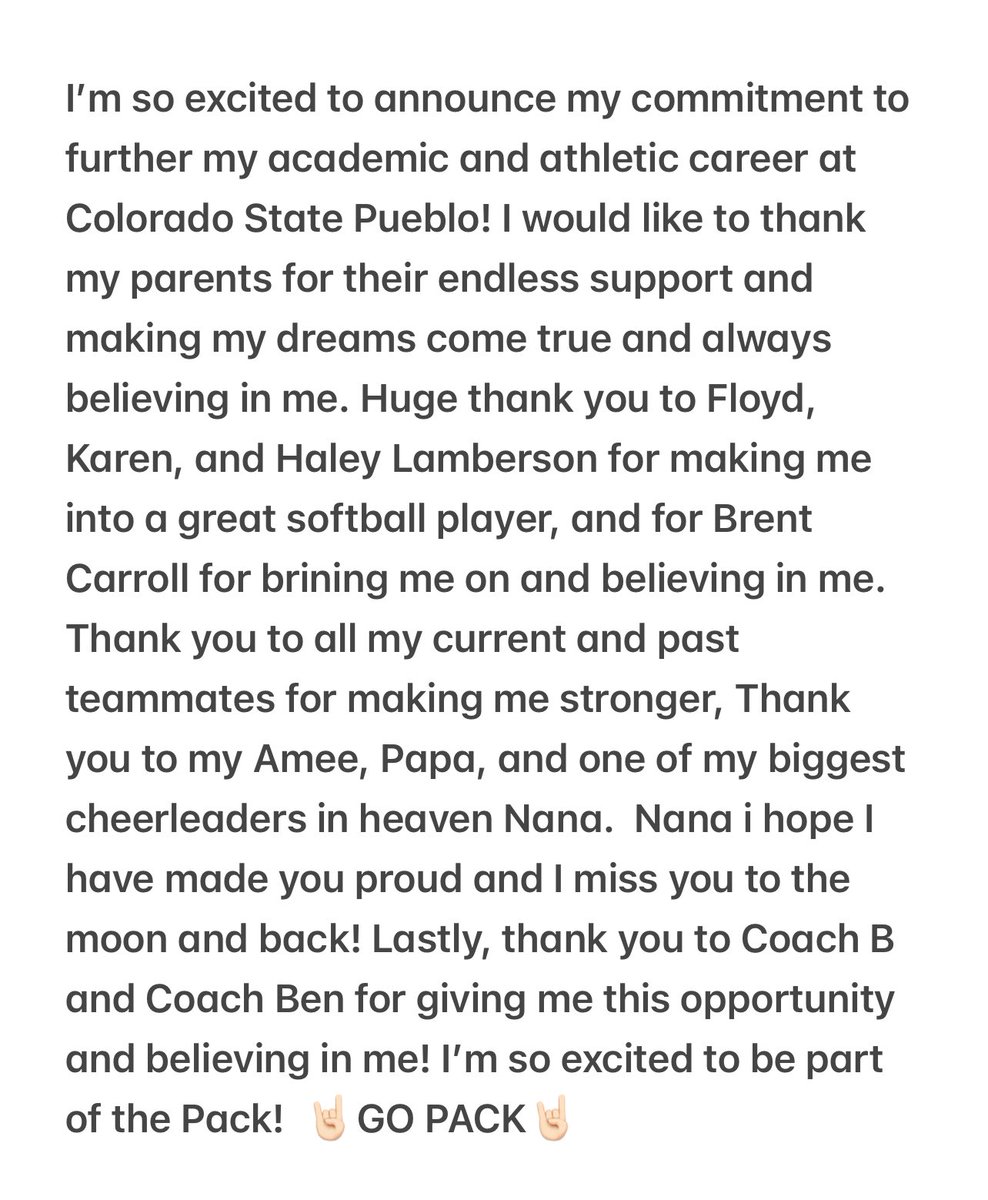 🔥🔥COMMITTED🔥🔥 I’m so excited to say I will be part of the Pack!  As a little girl having a dream to play College Softball my dreams have come true!  🤘🏻GO PACK🤘🏻<a href="/IAPremier_Car/">⚾️ Midwest Baseball/Softball Fan 🥎</a> <a href="/bensuchon/">Benjamin Suchon</a> <a href="/CSUPsoftball/">CSU-Pueblo Softball</a> <a href="/CoachB_CSUP/">Bianca Duran</a> <a href="/HvillePBearsSB/">Hortonville Softball</a>
