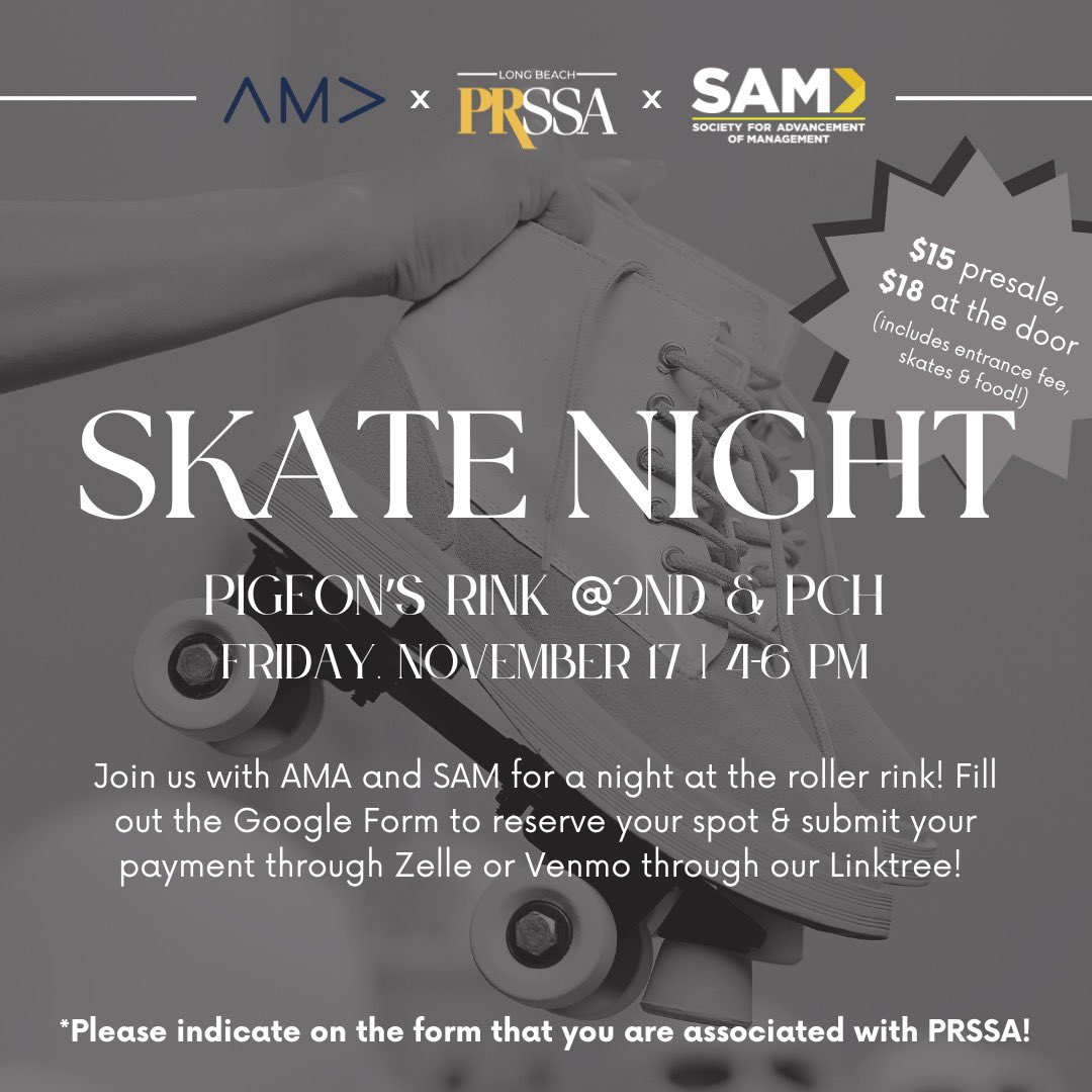 PRSSALB's tweet image. Join us as we partner with AMA and SAM to bring you 🛼 Skate Night 🛼 on Friday, Nov. 17 from 4 to 6 p.m. at Pigeons Roller Rink!! (6004 E Pacific Coast Hwy)

Be sure to fill out the google form to reserve your spot at the link in our bio 👉🏼 (linktr.ee/prssa.lb) 👈🏼

#prssalb