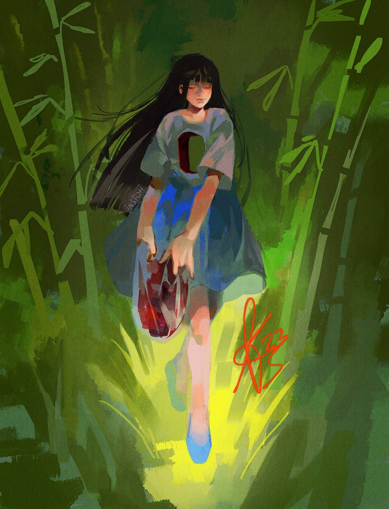 1girl solo long hair black hair holding nature holding bag  illustration images