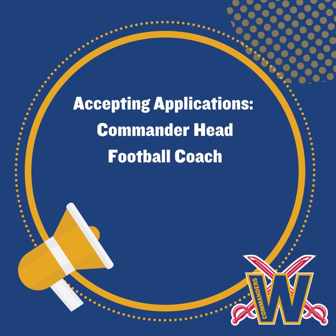 Washington County High School (@wc_commanders) on Twitter photo Statement on Commander Football Coaching Vacancy
If you have questions about the position, please contact Principal Charlie Cox at charlie.cox@washington.kyschools.us
Applications are being accepted via the Washington County Schools website:
washington.kyschools.us Statement on Commander Football Coaching Vacancy
If you have questions about the position, please contact Principal Charlie Cox at charlie.cox@washington.kyschools.us
Applications are being accepted via the Washington County Schools website:
washington.kyschools.us