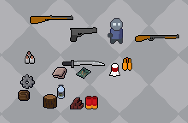 OminousGiggle's tweet photo. Spent today working on getting some of the item sprites made for my game. Mainly the building resources and ammo. Also new sprites for the melee attacks.
Also fixing bugs. There are always more bugs. XD
#pixelart #indiegame #indiedev #ZombieNight https://t.co/BQJbtTCJ8r