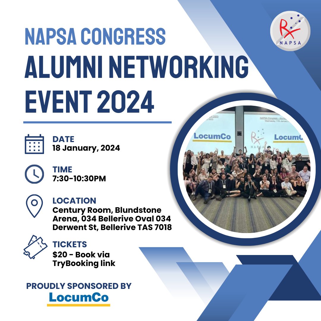 🤝 NAPSA is pleased to invite you to our first Alumni Networking Event of 2024, sponsored by LocumCo! 🤝

Follow the link to purchase your tickets:
trybooking.com/CNBSR

We look forward to seeing you all there! 💊🎓❤️