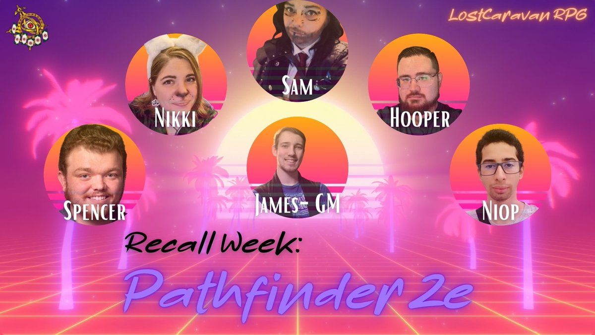 It's Recall Week! Time to pull some old #ttrpg characters out of the drawer and have one last adventure. Tonight's game is #pathfinder2e!

Guest GM: <a href="/geekjames513/">James Beck/Osiris|Eldritch Osiris Games</a> 
starring: @SirHooperLCRPG @SammiiScribbles <a href="/SpencerDVA/">Spencer Morgan</a> <a href="/coyotewitch/">Nikki Jeske ⚔️🌿</a> &amp; niop