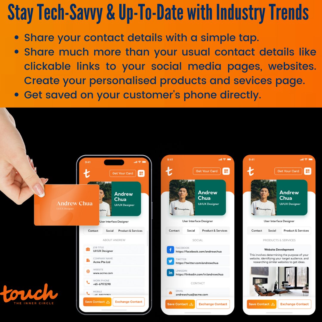 InTouchWe's tweet photo. Upgrade to Touch #digitalbusinesscards and enjoy easy sharing, customization, data tracking, and eco-friendliness. It allows creating profiles in an organised way with separate pages for Contact details, Social Media Profiles and Products &amp; Services
Visit: https://t.co/4GRCfKAeHn https://t.co/a1pbaj8Zmg
