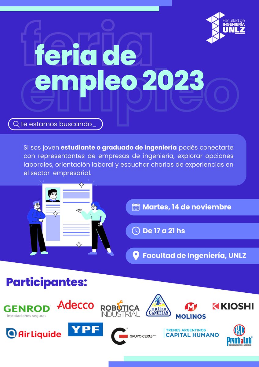 fiunlz's tweet photo. #FeriaEmpleo2023 dedicada a estudiantes y graduados de Ingeniería que deseen insertarse en el mundo laboral. 💡💼

🗓️ Martes 14 de noviembre.
🕔 De 17 a 21 hs.
📍En la Facultad de Ingeniería de la UNLZ https://t.co/3JE1N8lThK