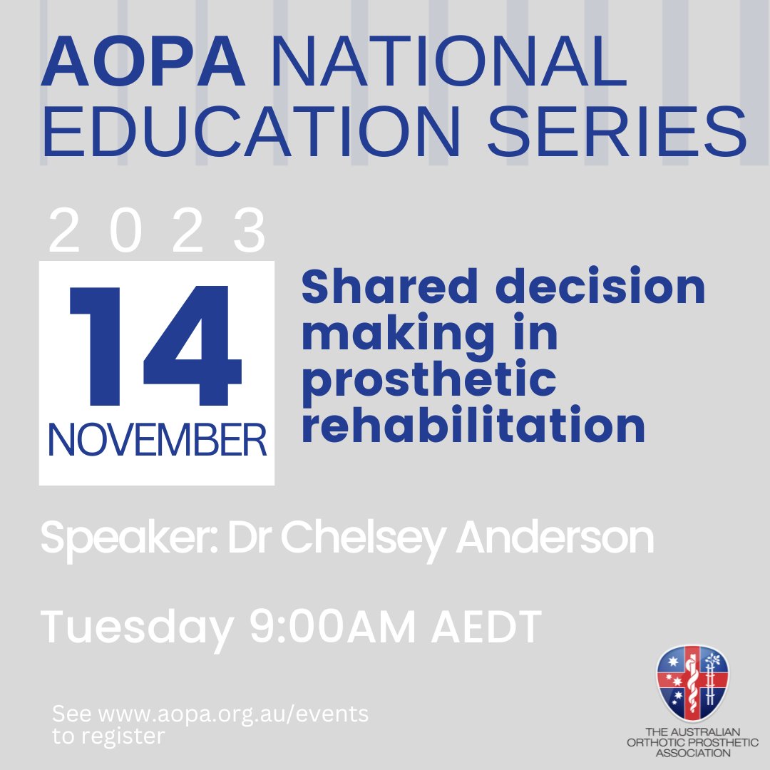Have you registered for tomorrows webinar? 

Join us to hear from Dr Chelsey Anderson as she presents Shared decision making in prosthetic rehabilitation. 

Use the link below to REGISTER: 
bit.ly/3Mn50Ne 

#OandP