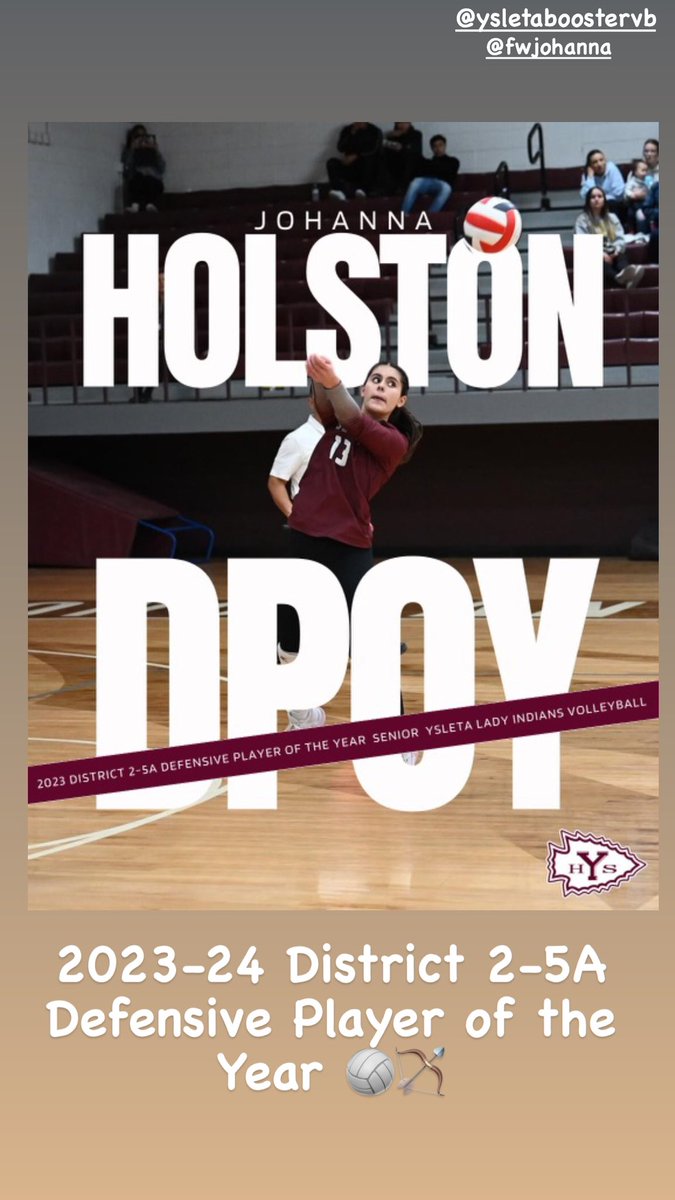 Look who earned the 2023 District 2-5A Defensive Player of the Year award, our fearless leader, Johanna Holston. Let’s goooooooo. Bowup Burntheship 🏐🏹<a href="/YsletaHS/">Ysleta HS</a> <a href="/YsletaSports/">Ysleta HS Athletics</a> <a href="/Fchavezeptimes/">Felix Chavez</a>
