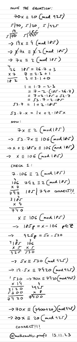tiago_hands's tweet photo. How to solve the congruence equation: 70x≡20(mod925) and check your results. The answer provided in FP2 is actually incorrect. #furtherpuremaths #alevelmaths #modularcongruence #euclideanalgorithm https://t.co/gVjgeb1VG4