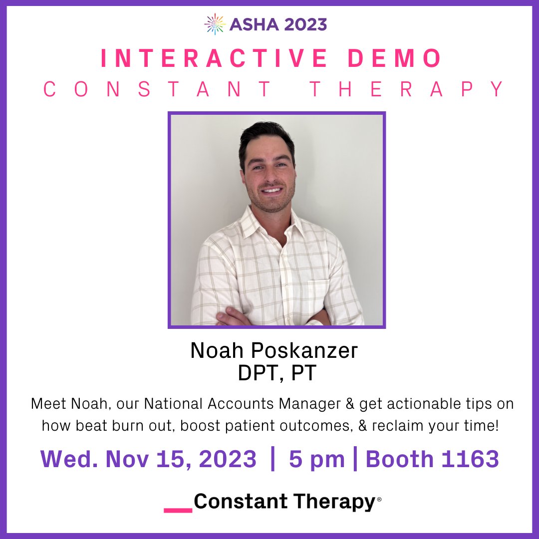 ConstantTherapy's tweet photo. We're gearing up for #ASHA2023 ✨ First up: an interactive demo by Noah Poskanzer, DPT! Wed. Nov 15th | 5 pm | Booth 1163. Hope to see you there!
@ASHAweb
#ASHA2023 #IgnitingInnovation #ASHAInnovator #slp2b #slpeeps https://t.co/scUdSOrLjM