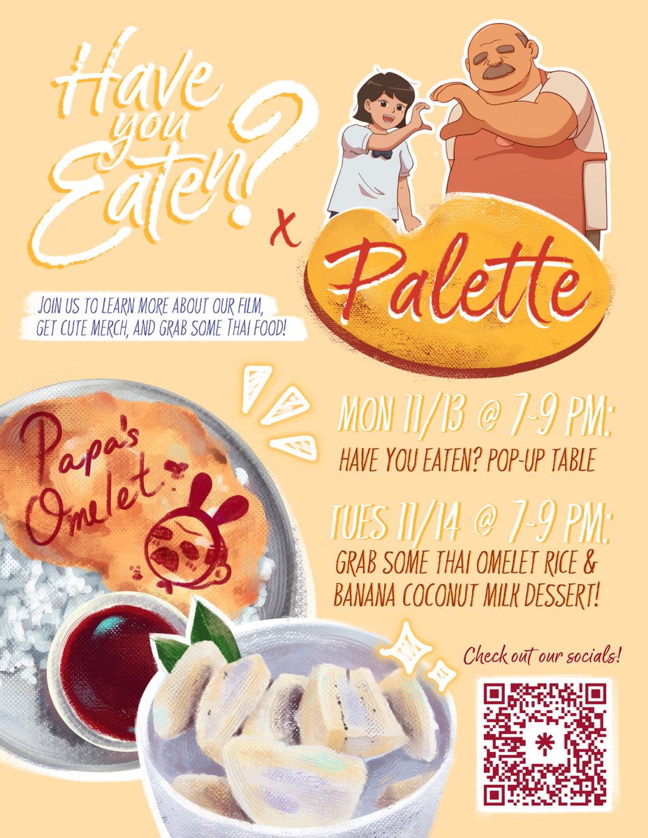 This Monday and Tuesday from 7-9 PM, join the Have You Eaten crew at Palette to learn more about the film, get cute merch, and try some eggsquisite Thai food! 🎁🍳🥥 

We hope to see you there! 🫶💛#haveyoueaten #hyefilm #scadatlanta