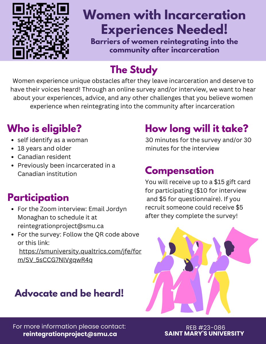 Participants needed! We are looking for women who have previously been incarcerated in Canada to share their experiences in a survey and/or interview. Participate via the QR code/link on the poster or contact reintegrationproject@smu.ca.