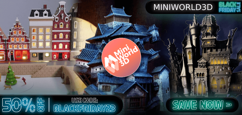 Use code BLACKFRIDAY23 on <a href="/MyMiniFactory/">MyMiniFactory</a>  to get 50% off our entire store.
This is your chance to get premium models like Japanese Demon Castle or Christmas Village for the cost of a coffee. 
#myminifactory #3dprinting