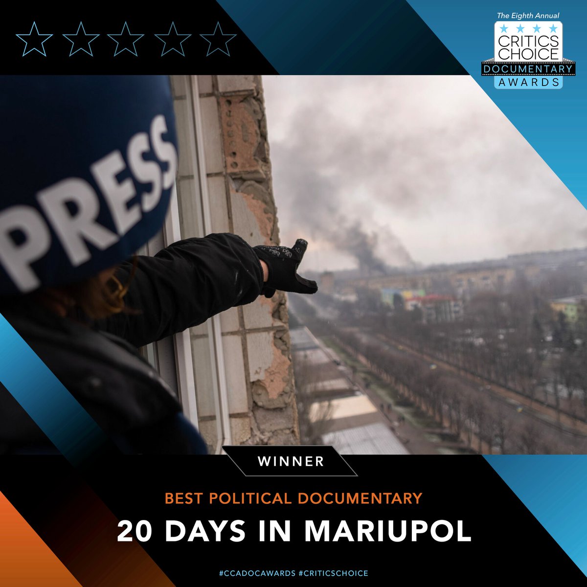 "20 Days in Mariupol" has been honored with the Critics Choice Documentary Award for Best Political Documentary.  

#20DaysInMariupol
<a href="/20DaysMariupol/">20DaysInMariupol</a> @mstyslav9 <a href="/pbs/">PBS</a> <a href="/frontlinepbs/">FRONTLINE</a> <a href="/AP/">The Associated Press</a>
#CCADocAwards #CriticsChoice