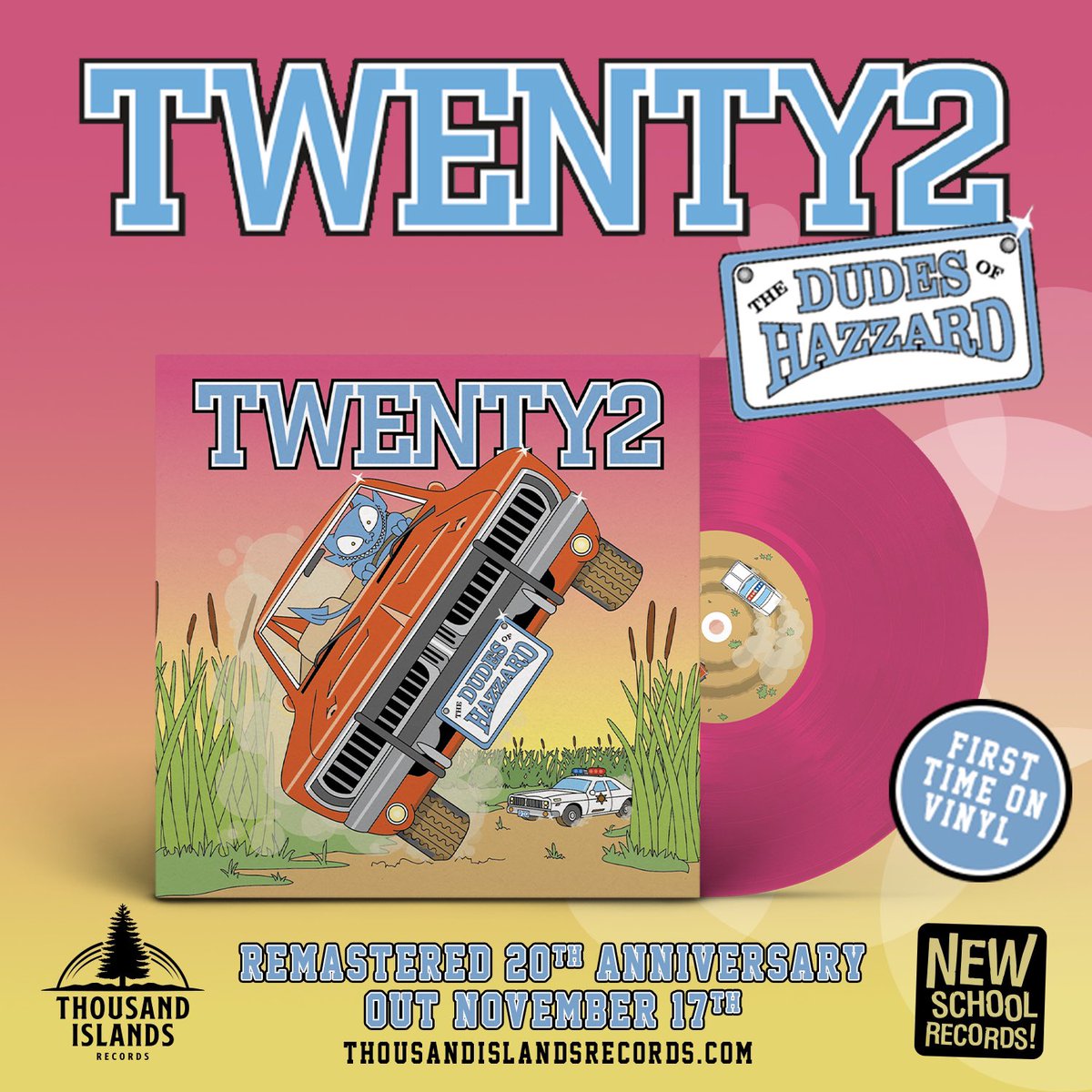 Excited to team up with New School Records for the 20th anniversary and first time on vinyl reissue of Twenty2’s The Dudes Of Hazzard! First single World Of Mine is out now everywhere and pre-orders are live in our shop! thousandislandsrecords.com/2023/11/06/twe…